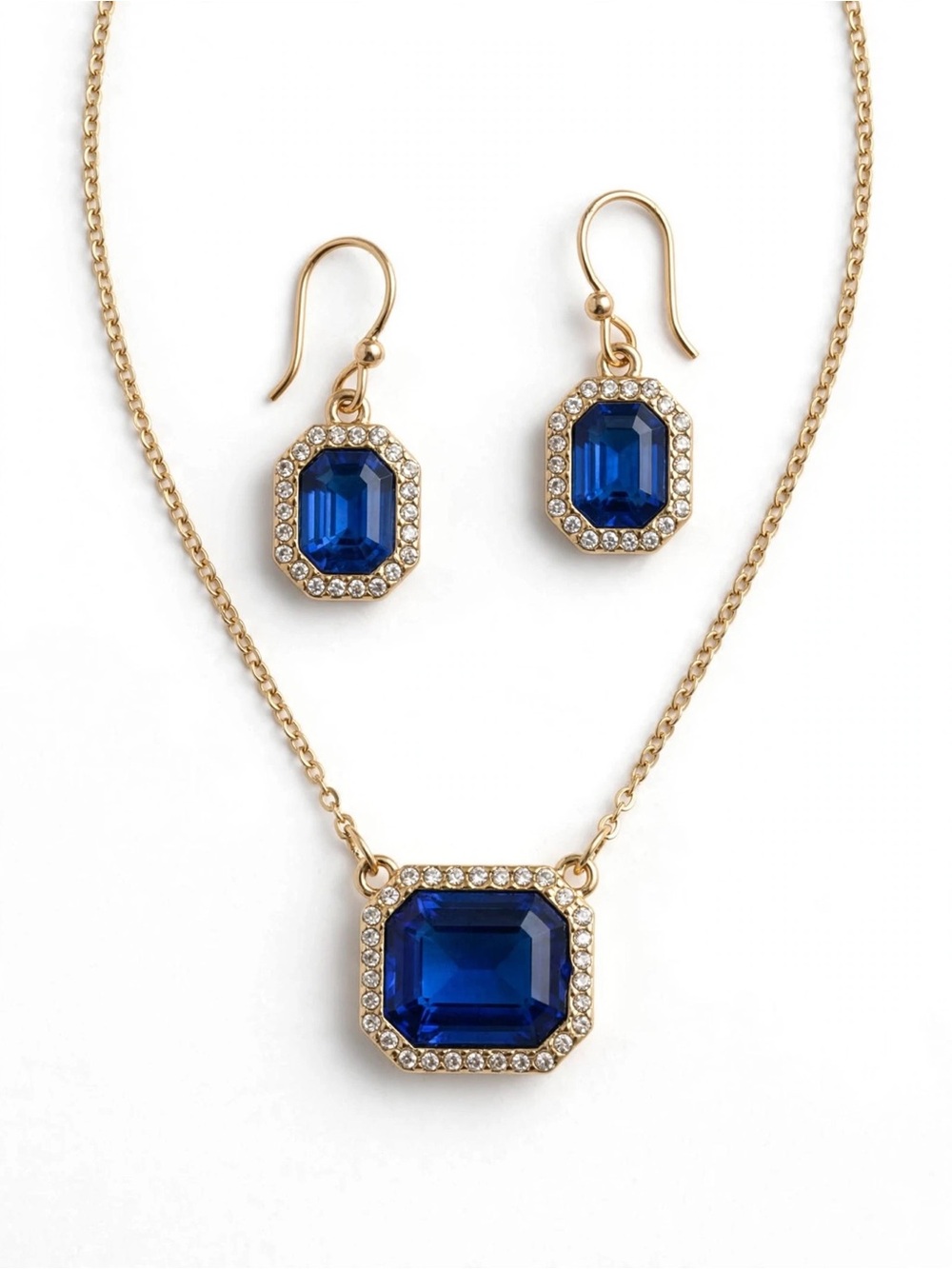 ⚜️Anne Klein Gold Necklace & Earrings Set with Royal Blue Crystal Stones⚜️